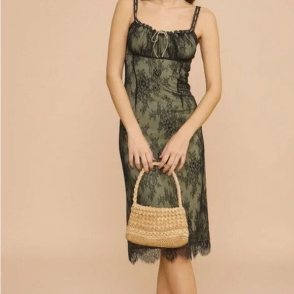 Rouje Black and Olive Lace Midi Dress